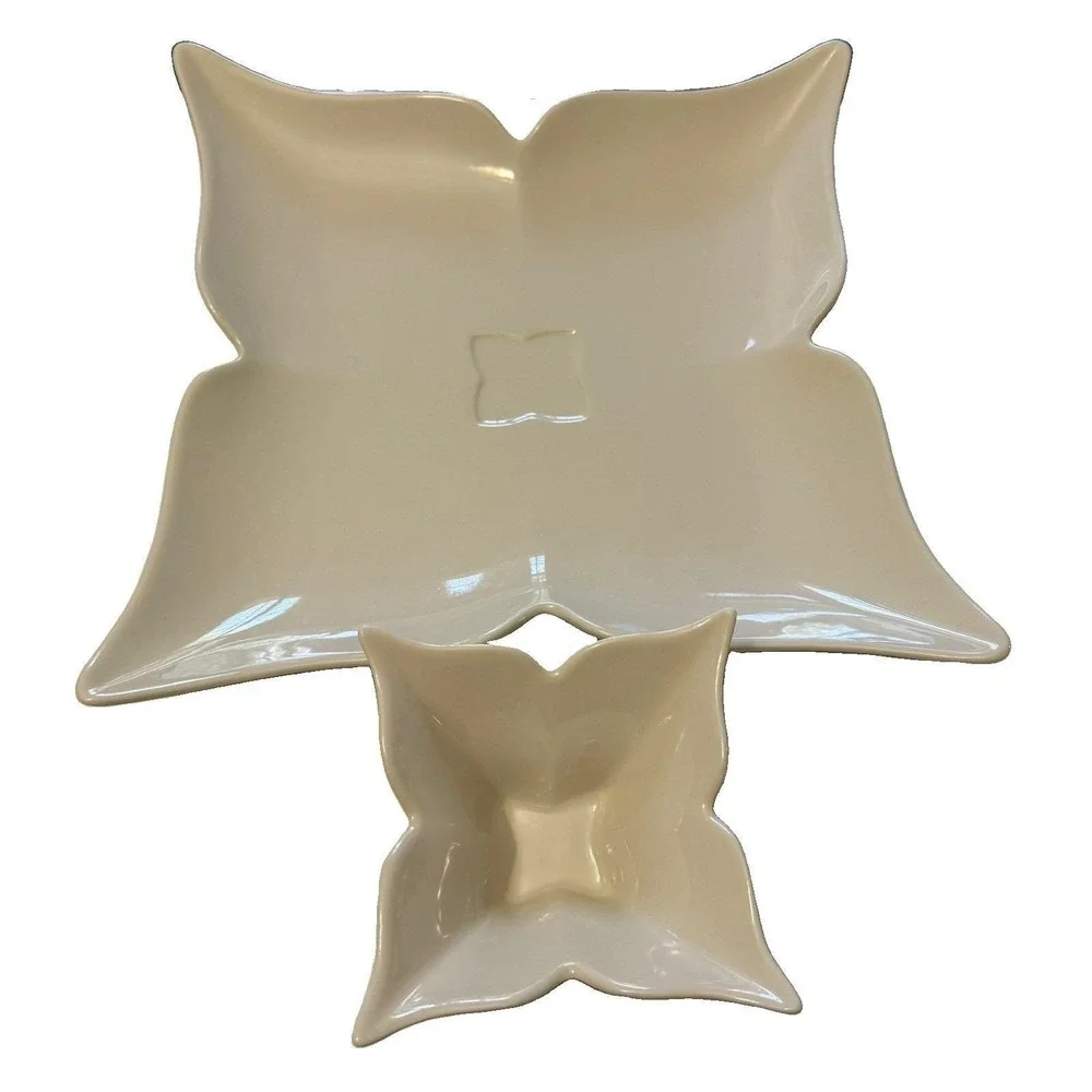 Godinger Fiori Collection White Porcelain Lotus Serving Platter Dip Bowl Set